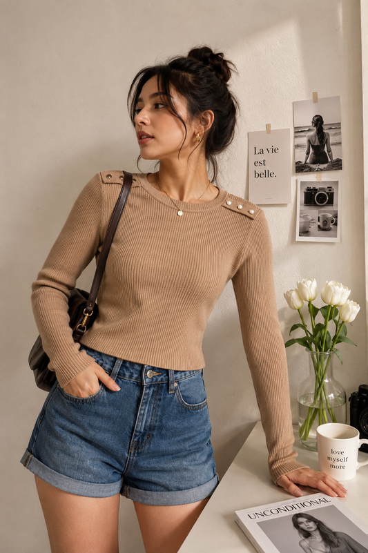 Beige button top