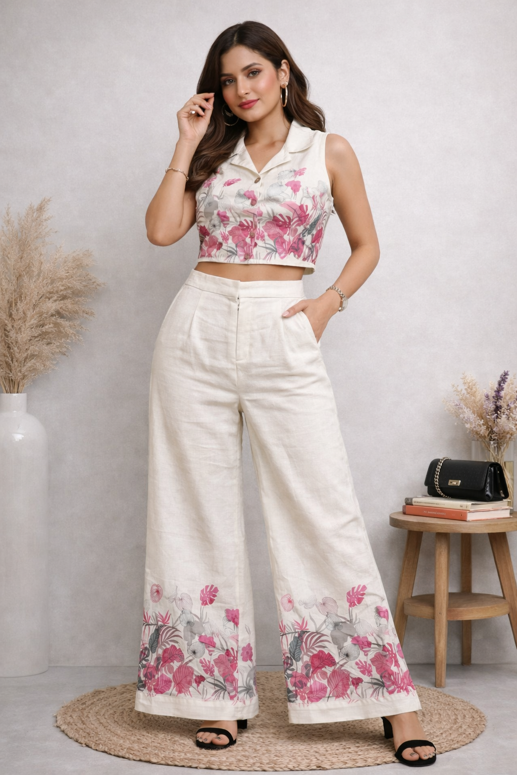 Off white pink floral Printed Co-ord Set for Women | Cotton Linen Boho Coord