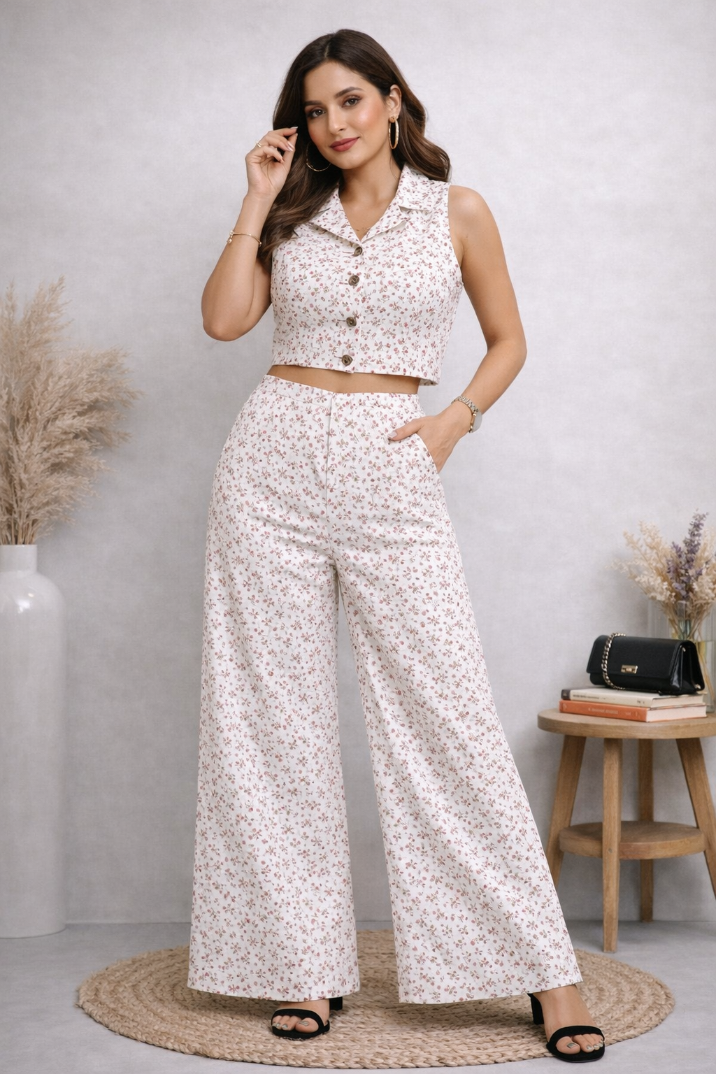 Cute pink floral Printed Co-ord Set for Women | Cotton Linen Boho Coord