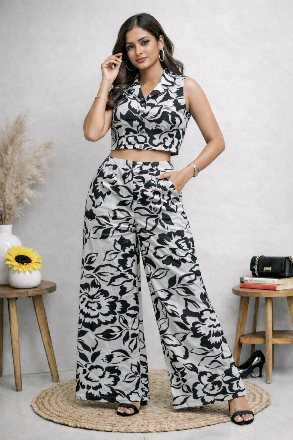 White black floral  printed Co ord set
