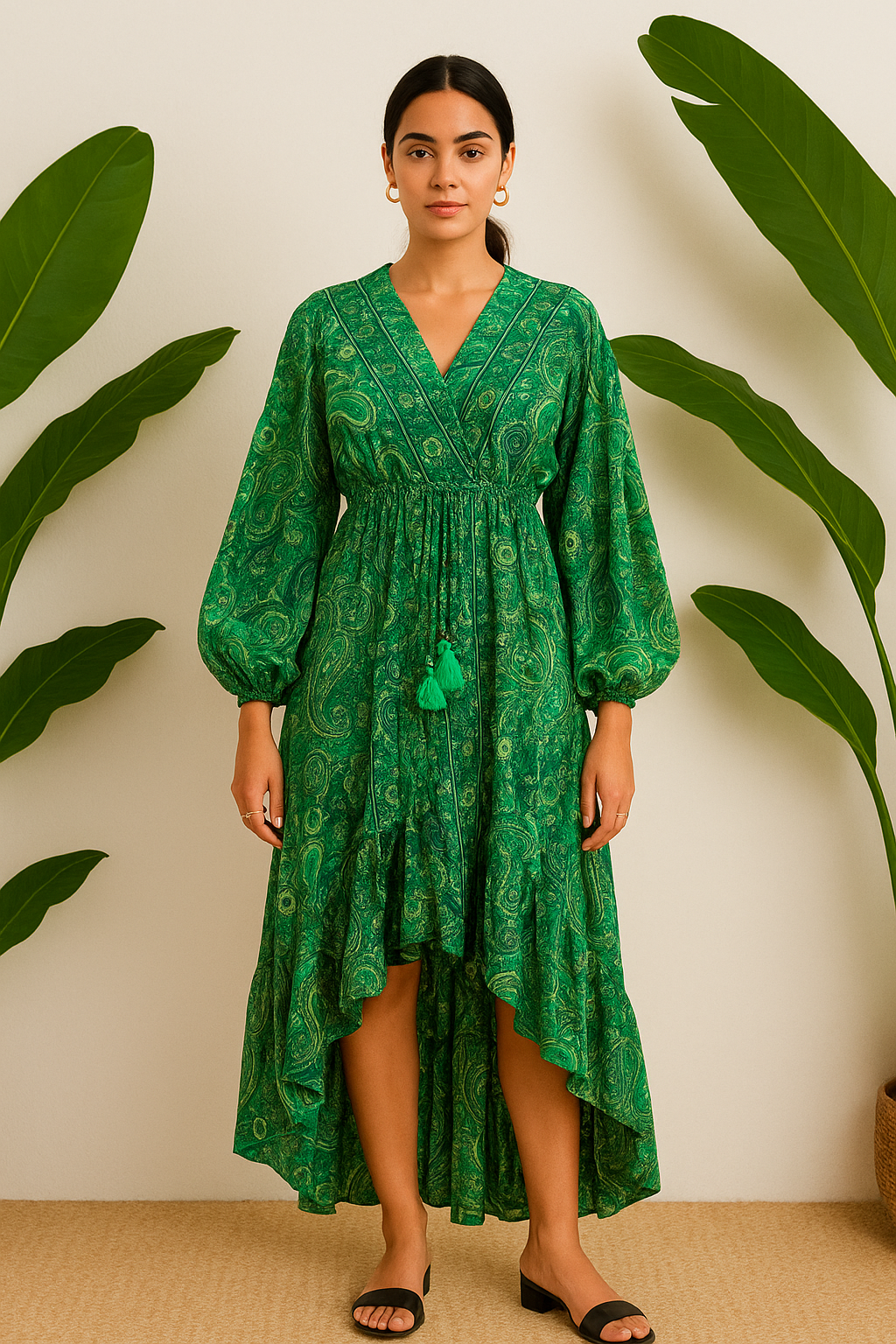 Bright green paisley print full sleeves SUMMER DRESS