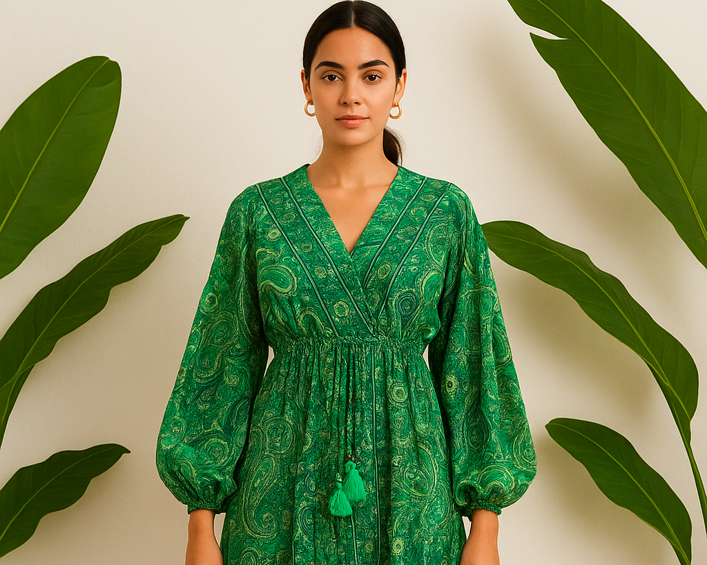 Bright green paisley print full sleeves SUMMER DRESS