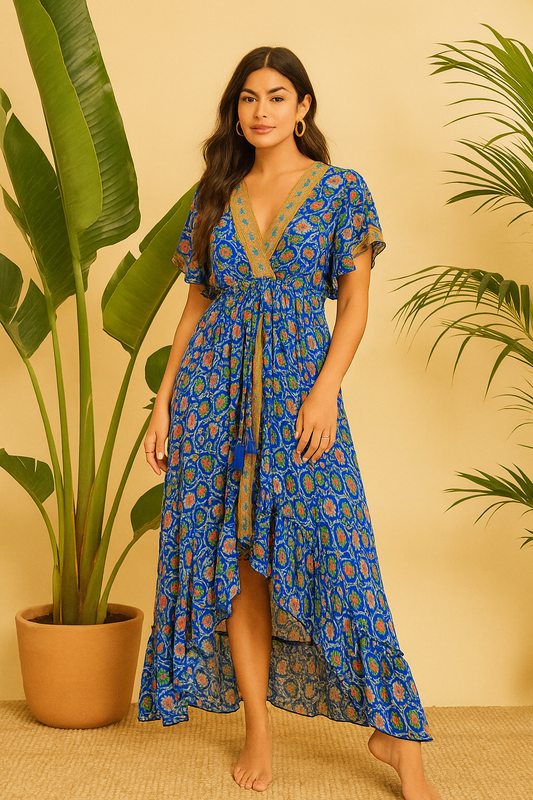 Royal blue cute print half sleeves SUMMER DRESS