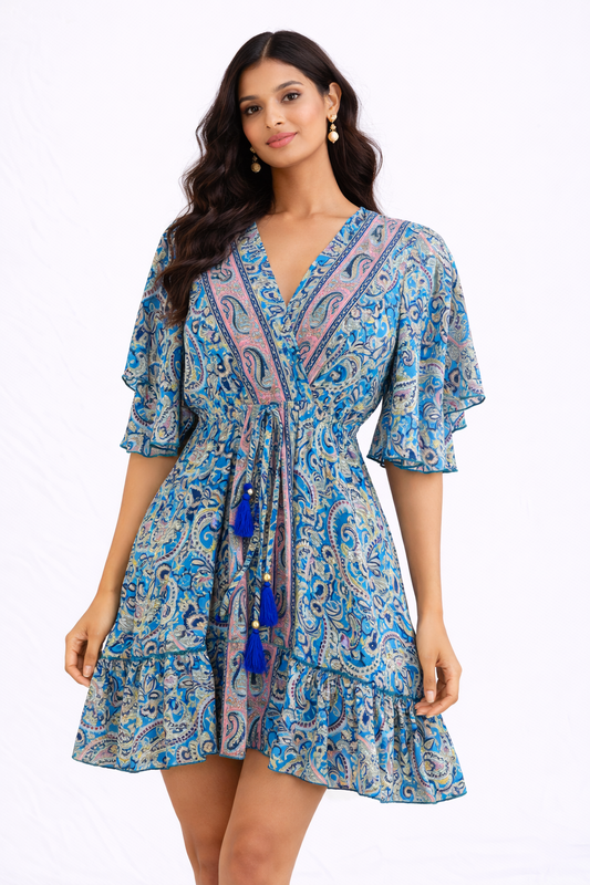 Light blue with pink contrast paisley printed