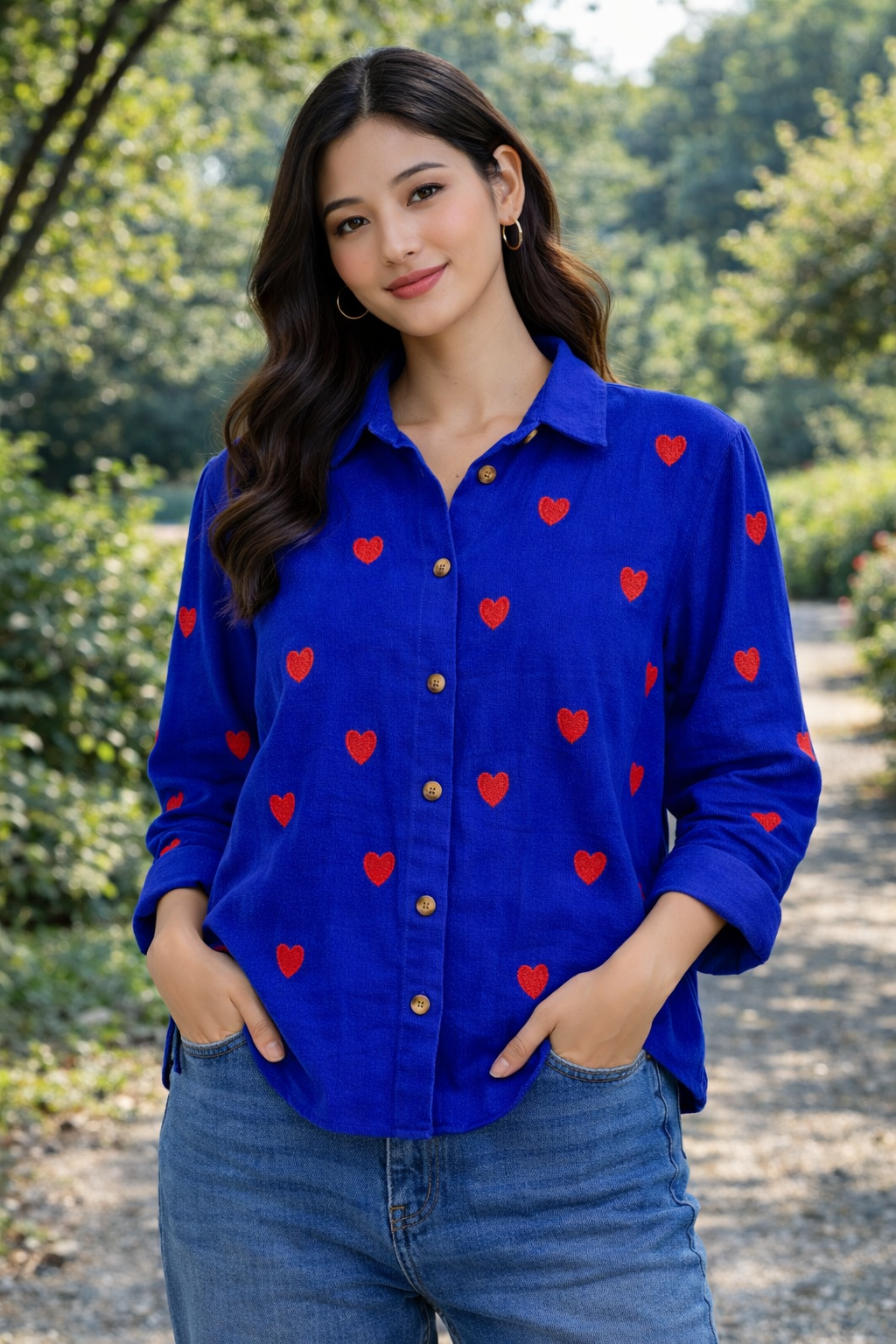 Linen Shirt heart-Royal blue