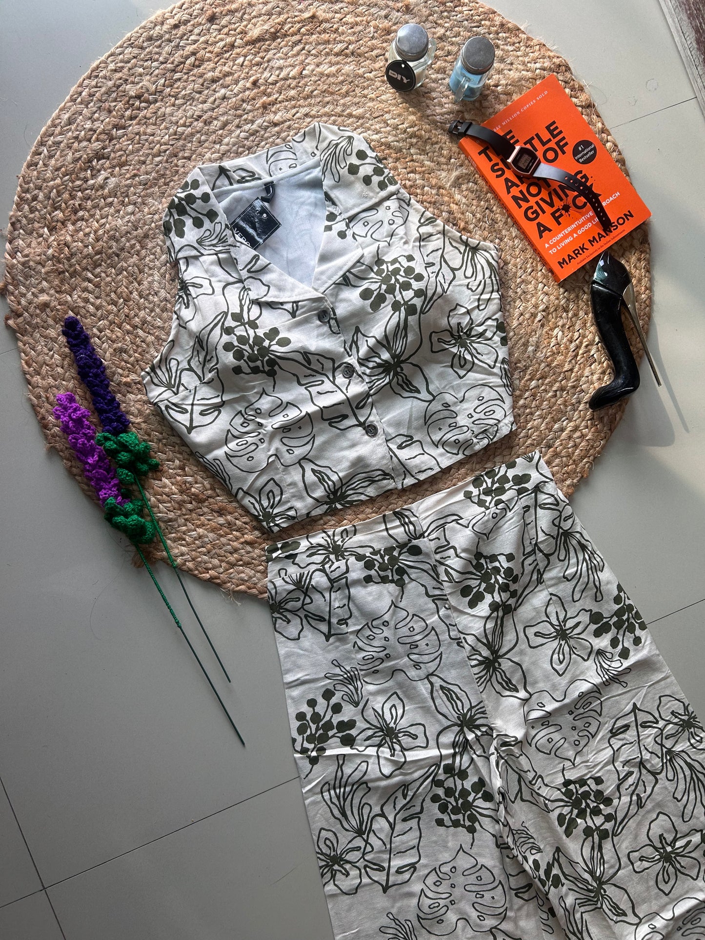 Beige Leafy Printed Co-ord Set for Women | Cotton Linen Boho Coord