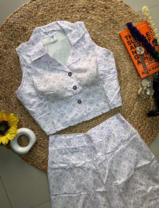 Lavender cute Printed Co-ord Set for Women | Cotton Linen Boho Coord