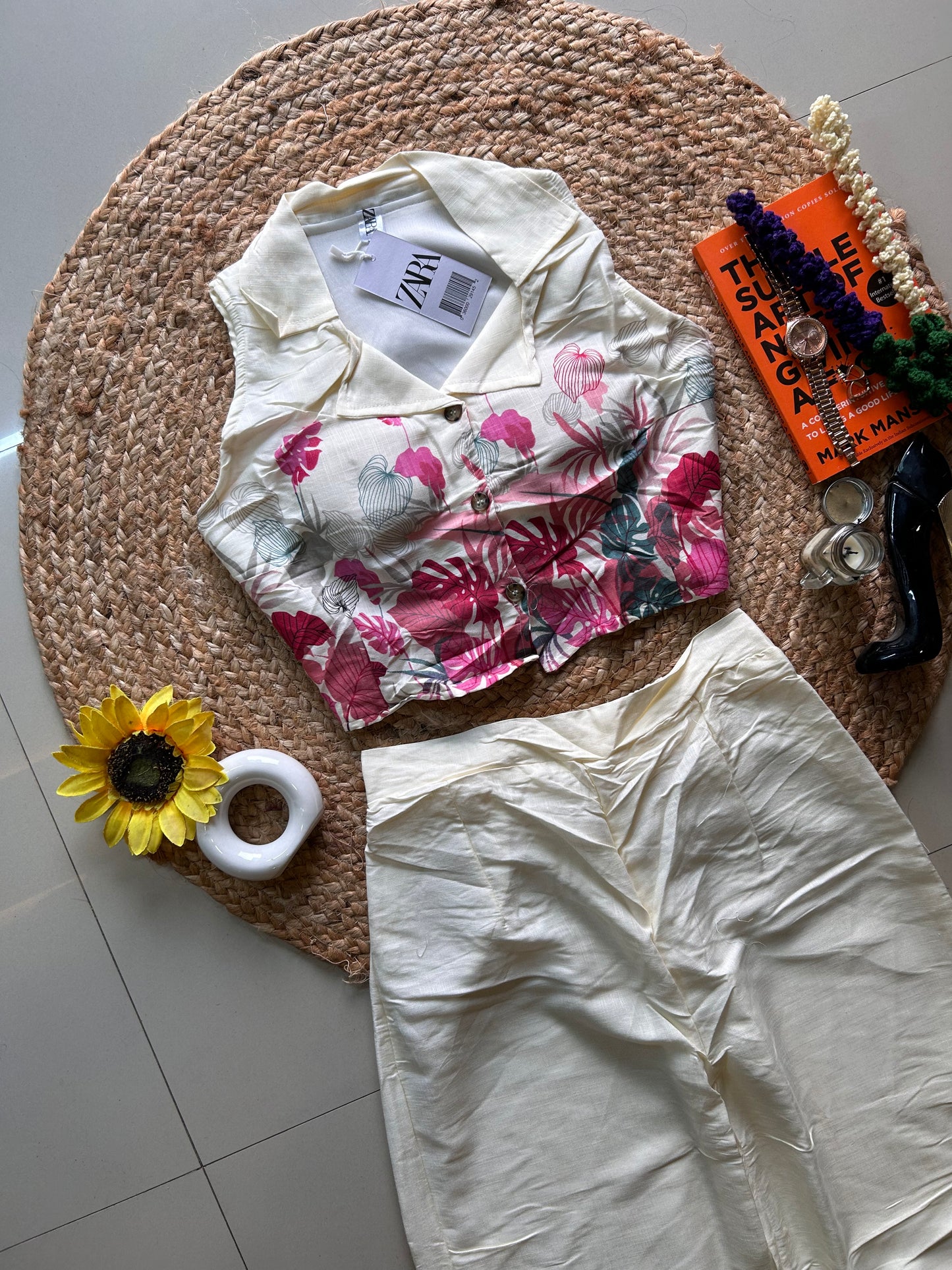 Off white pink floral Printed Co-ord Set for Women | Cotton Linen Boho Coord