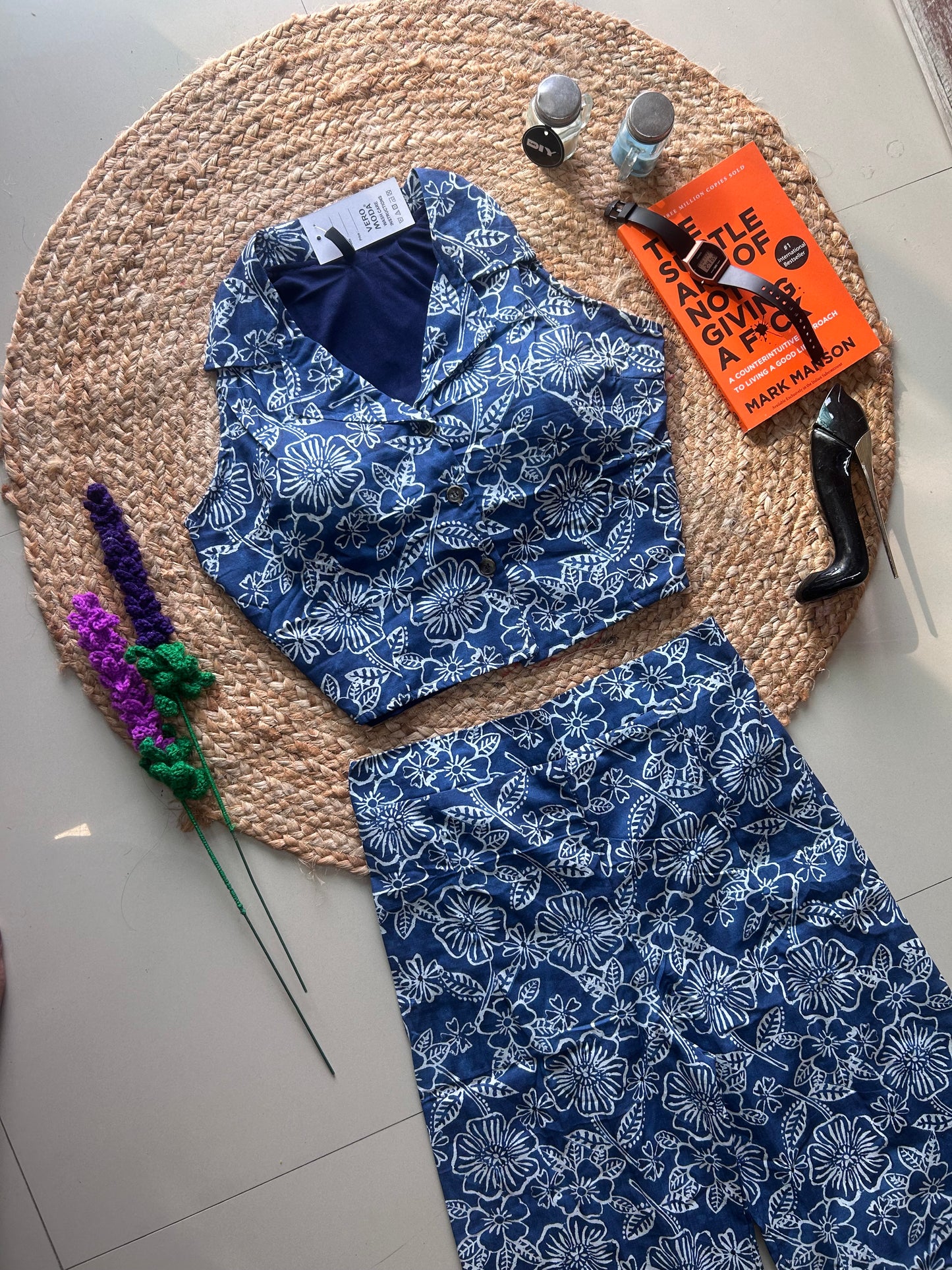 Indigo Floral Printed Co-ord Set for Women | Cotton Linen Boho Coord