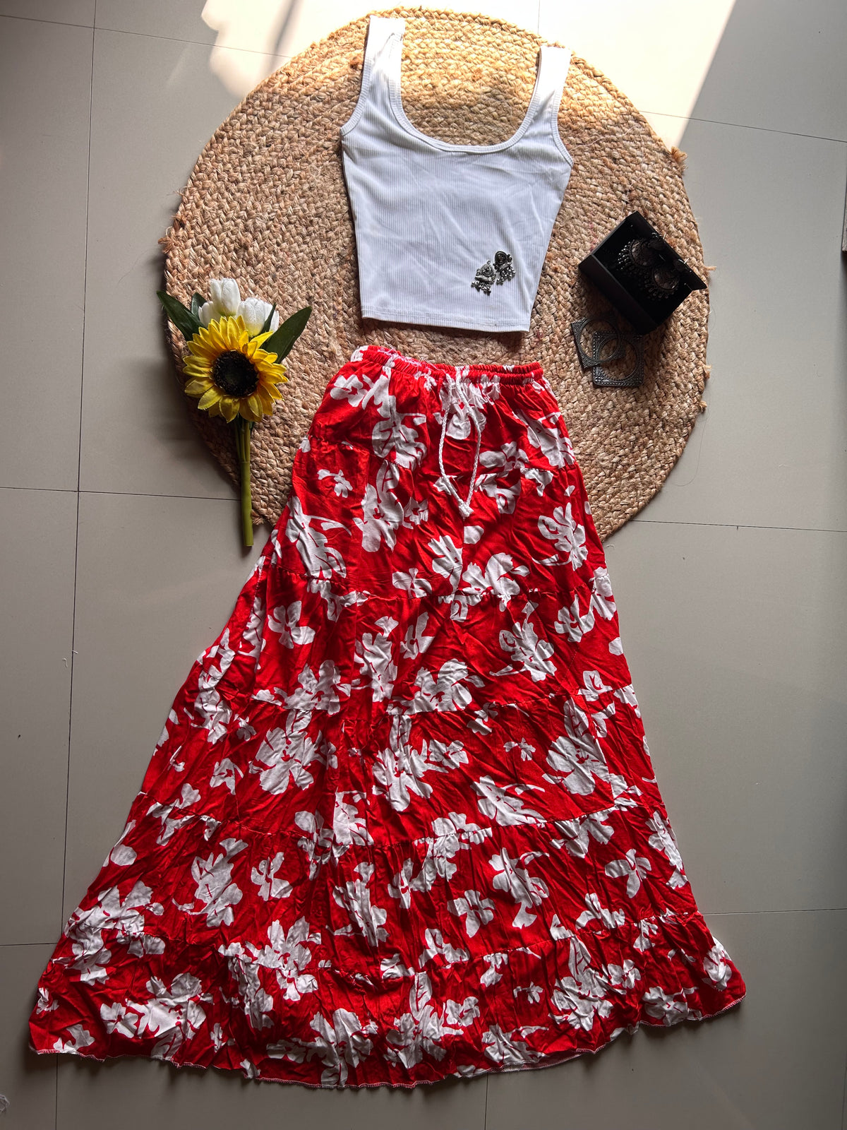 Red floral printed skirt