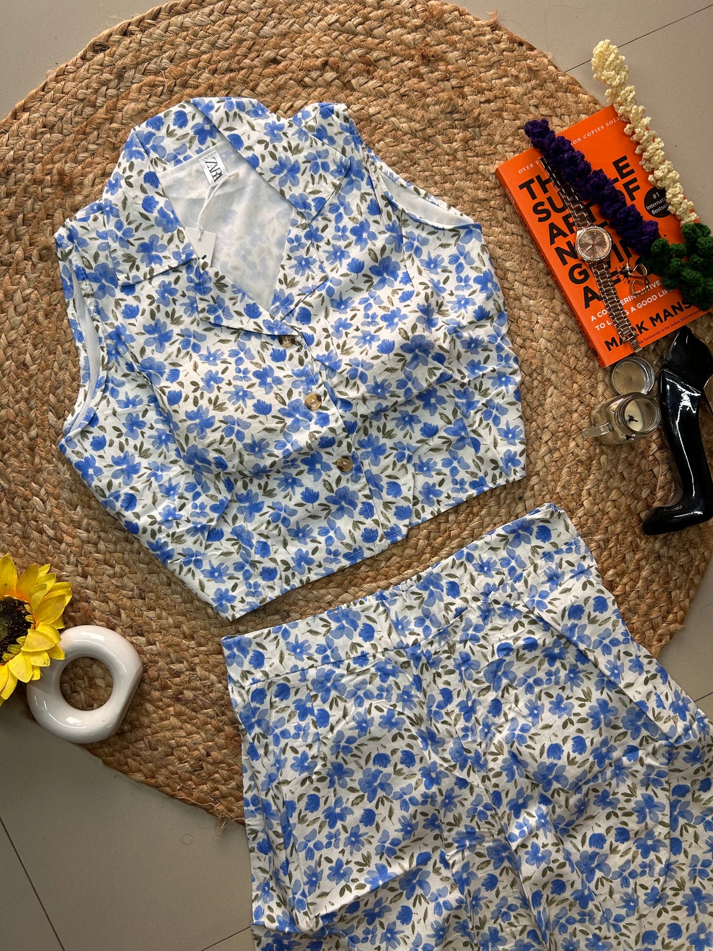 Blue cute Printed Co-ord Set for Women | Cotton Linen Boho Coord