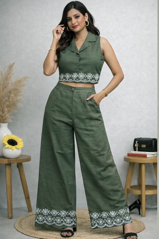 Green Embroidered Co-ord Set for Women | Cotton Linen Boho Coord