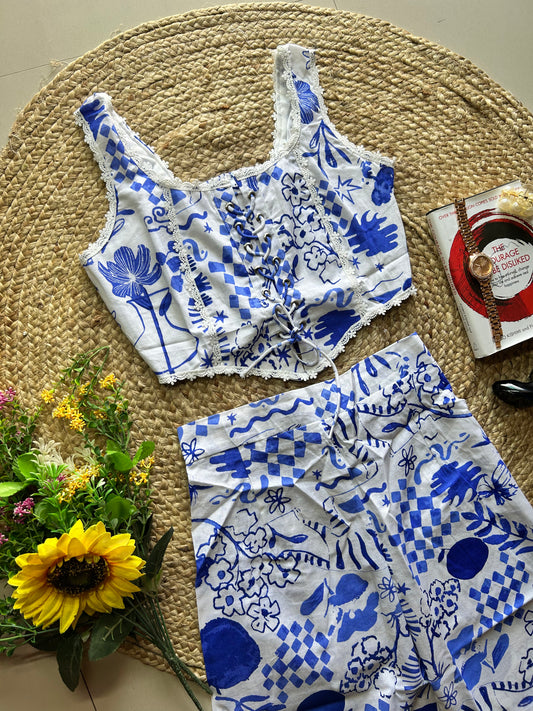 Blue white abstract printed co-ord set