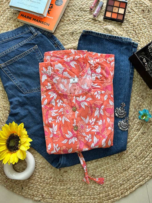 Orange floral  printed flared
