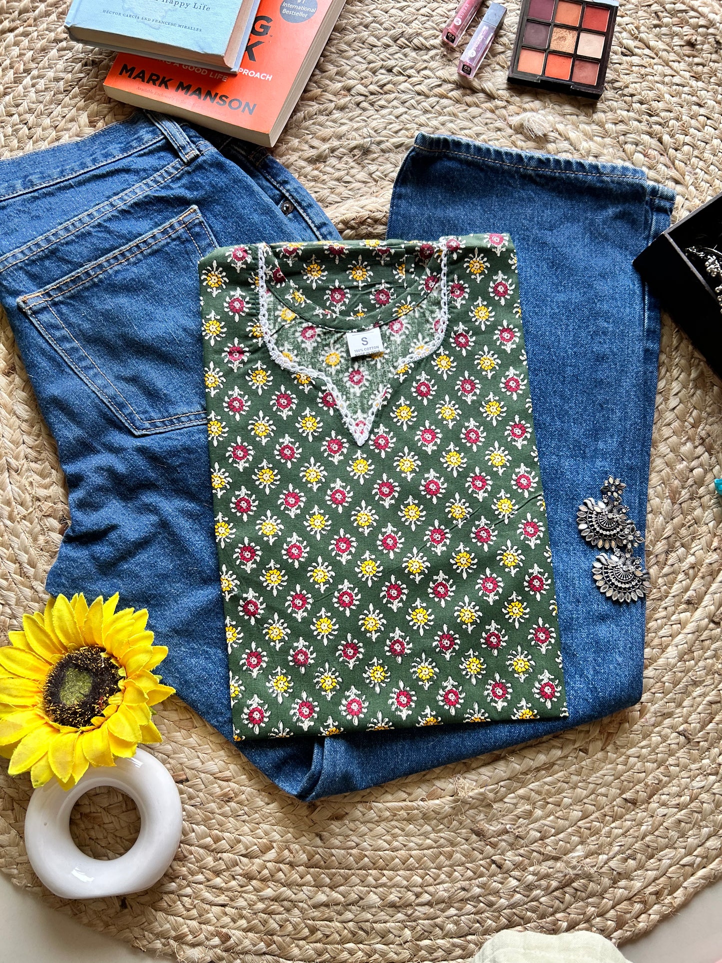 Green floral printed v neck