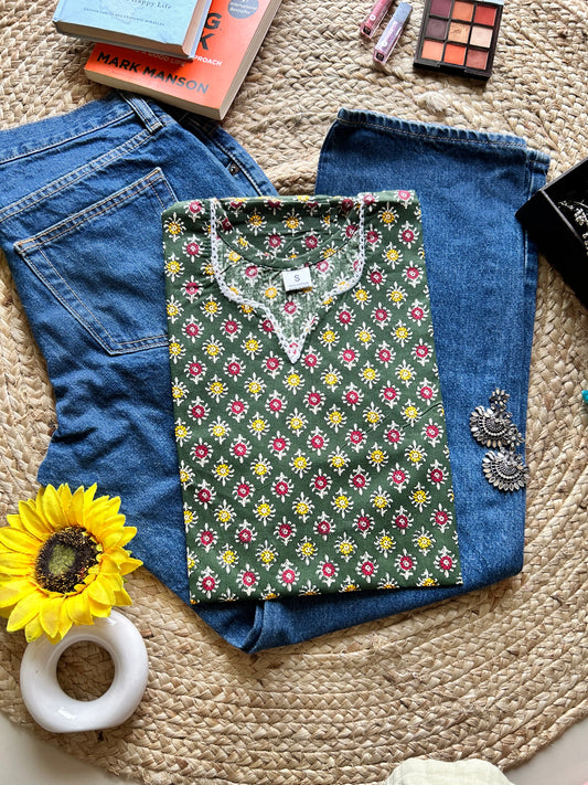 Green floral printed v neck