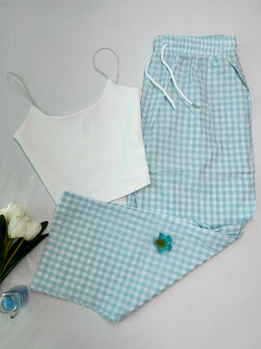 CHECKED PANTS - Sky blue