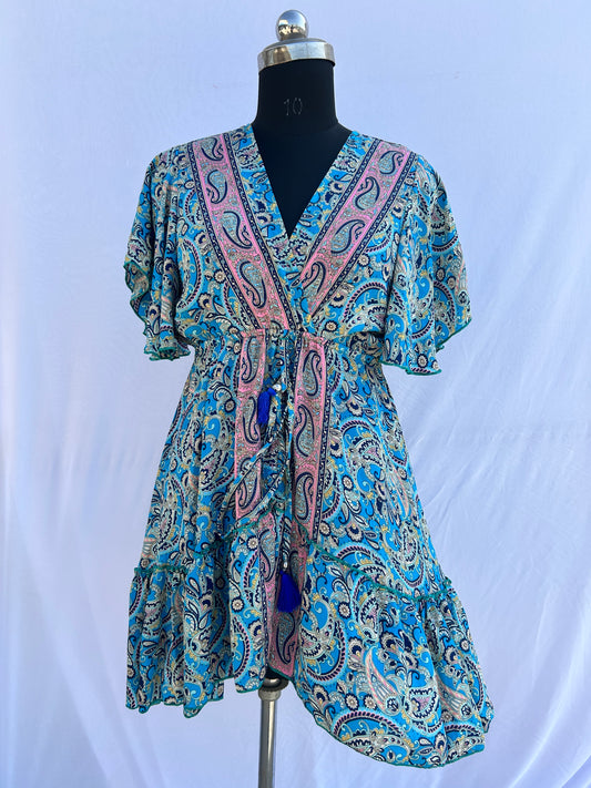 Light blue with pink contrast paisley printed