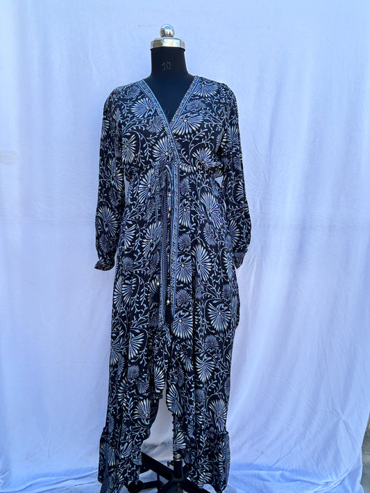 Navy blue floral print full sleeves SUMMER DRESS