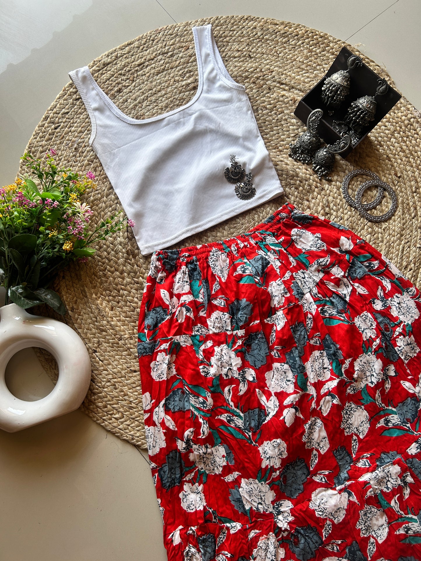 Red floral cute  floral printed skirt