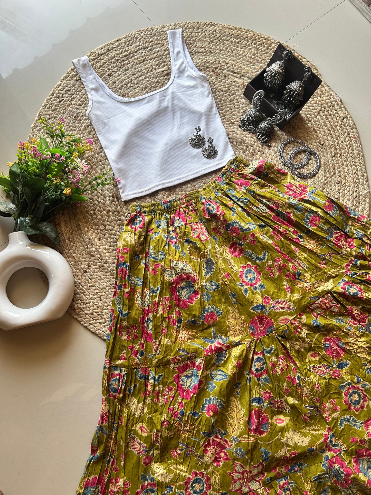 Olive green cute floral printed skirt