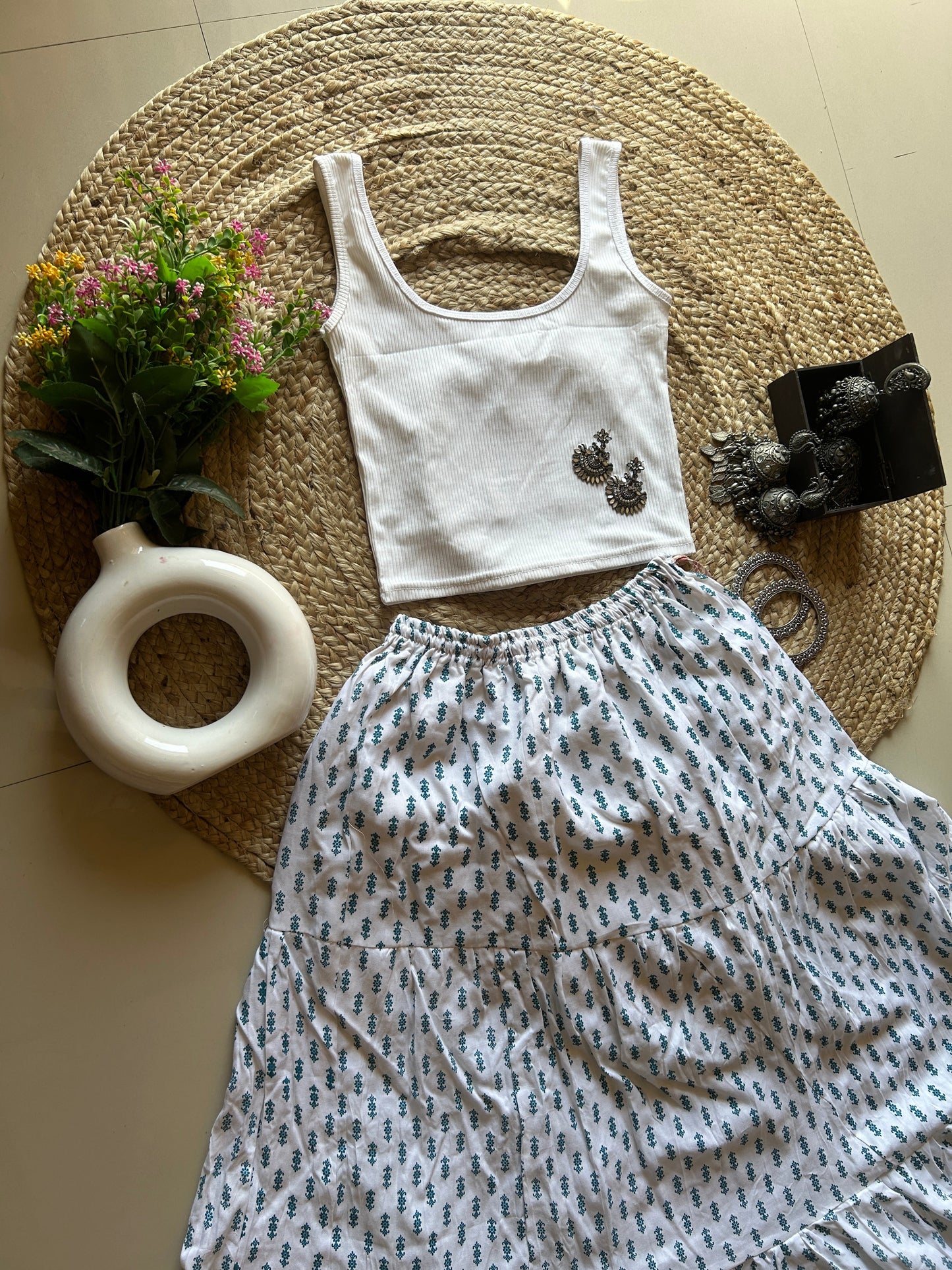 White with cute blue print