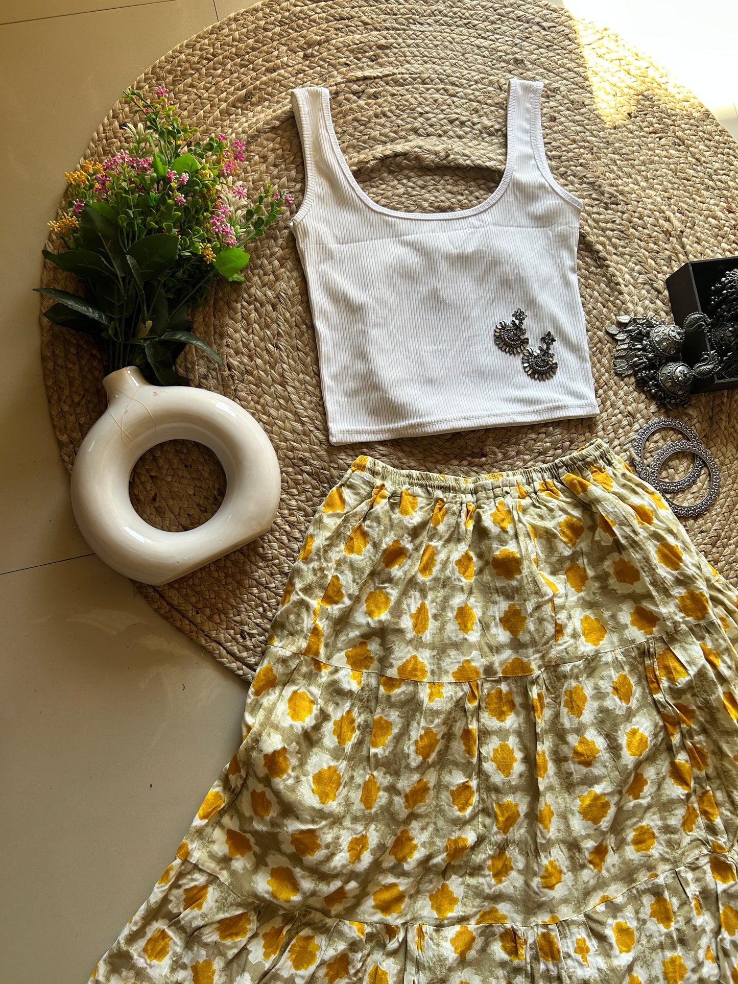 Yellow grey print skirt