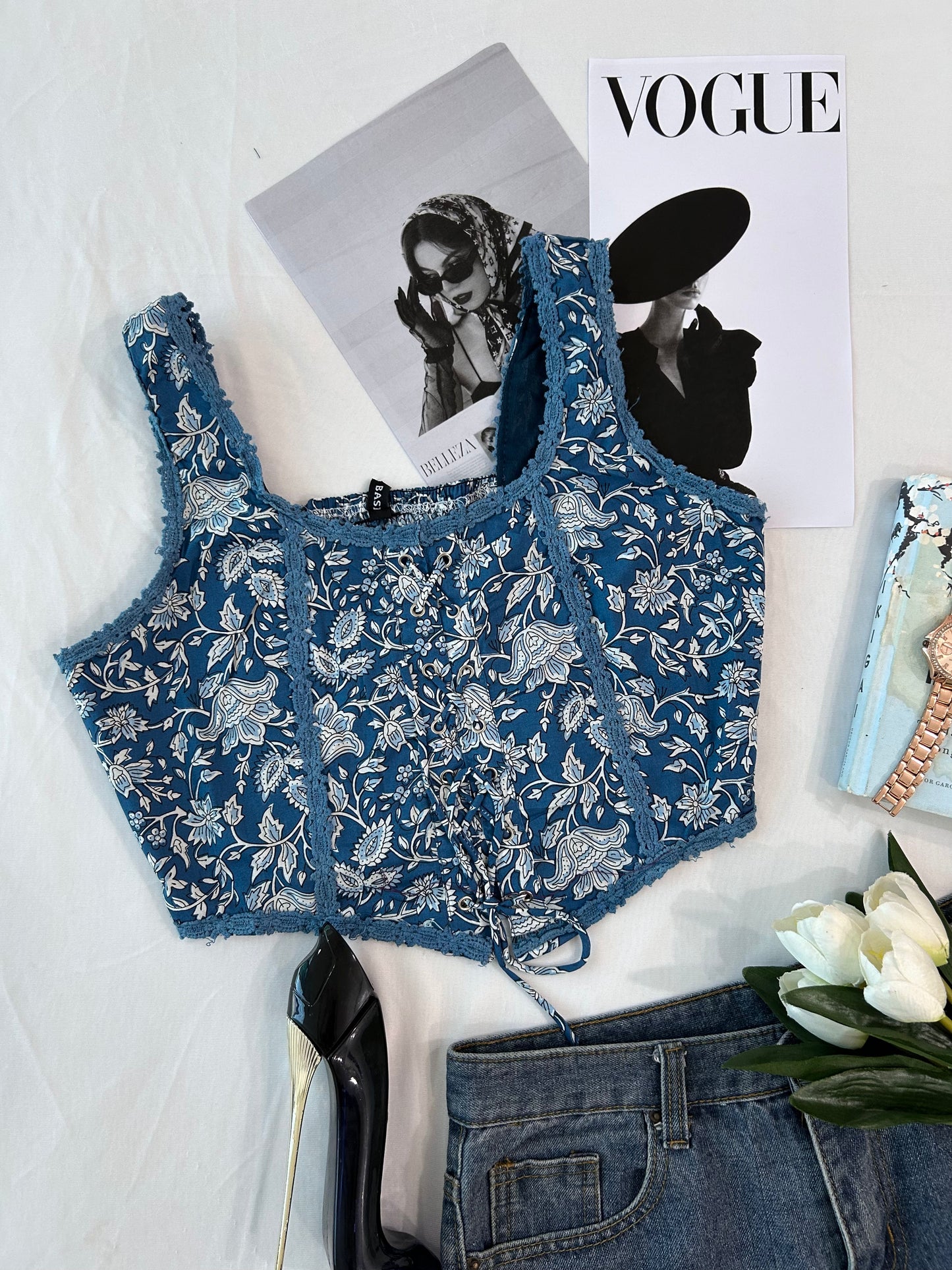 Indigo printed top