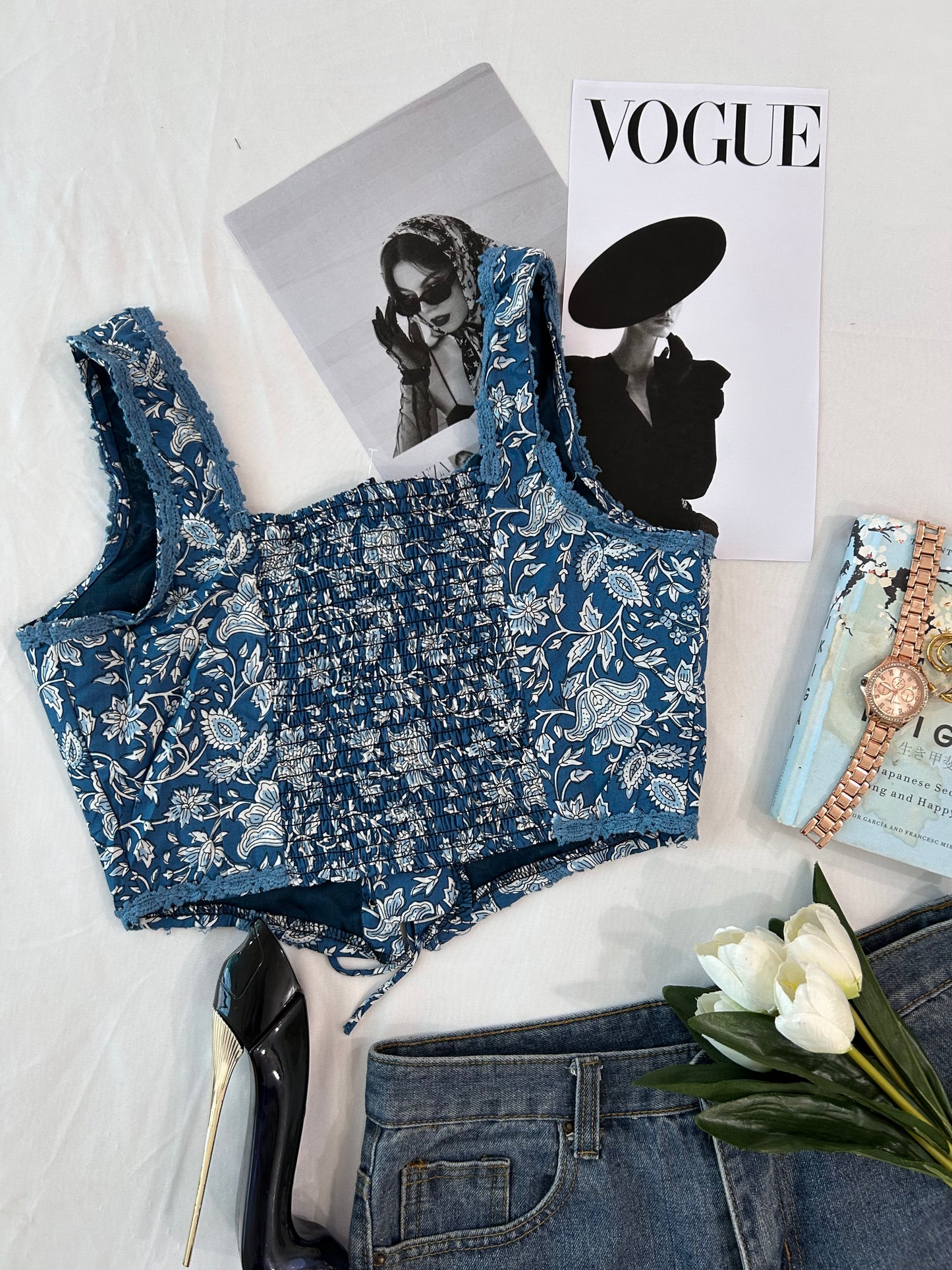Indigo printed top