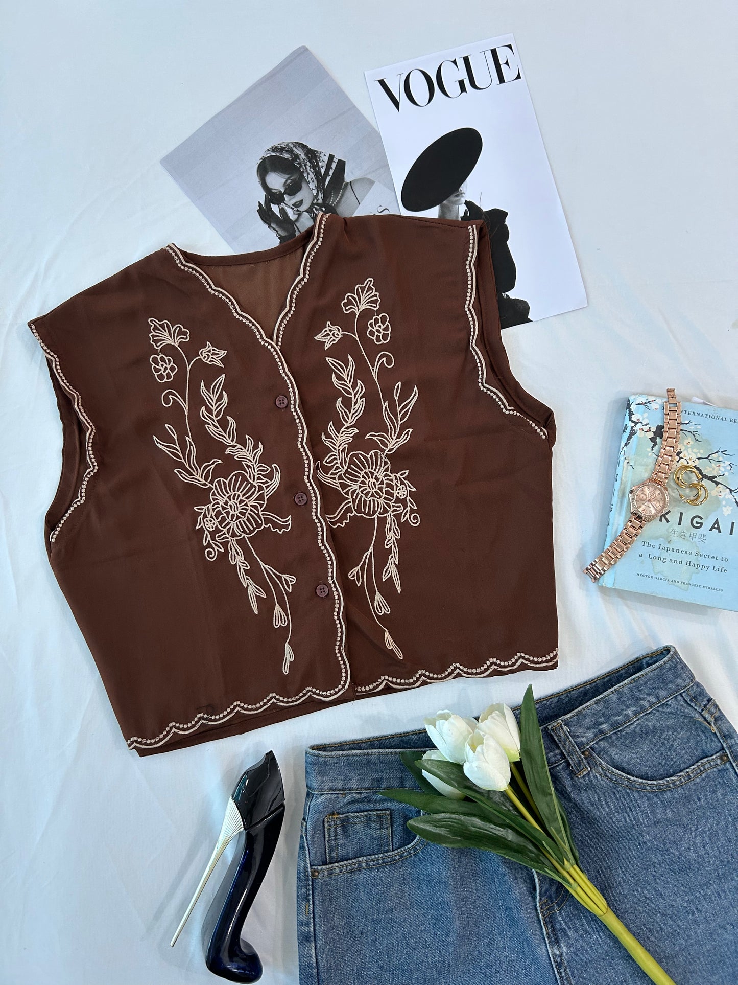 Brown embroidered vest