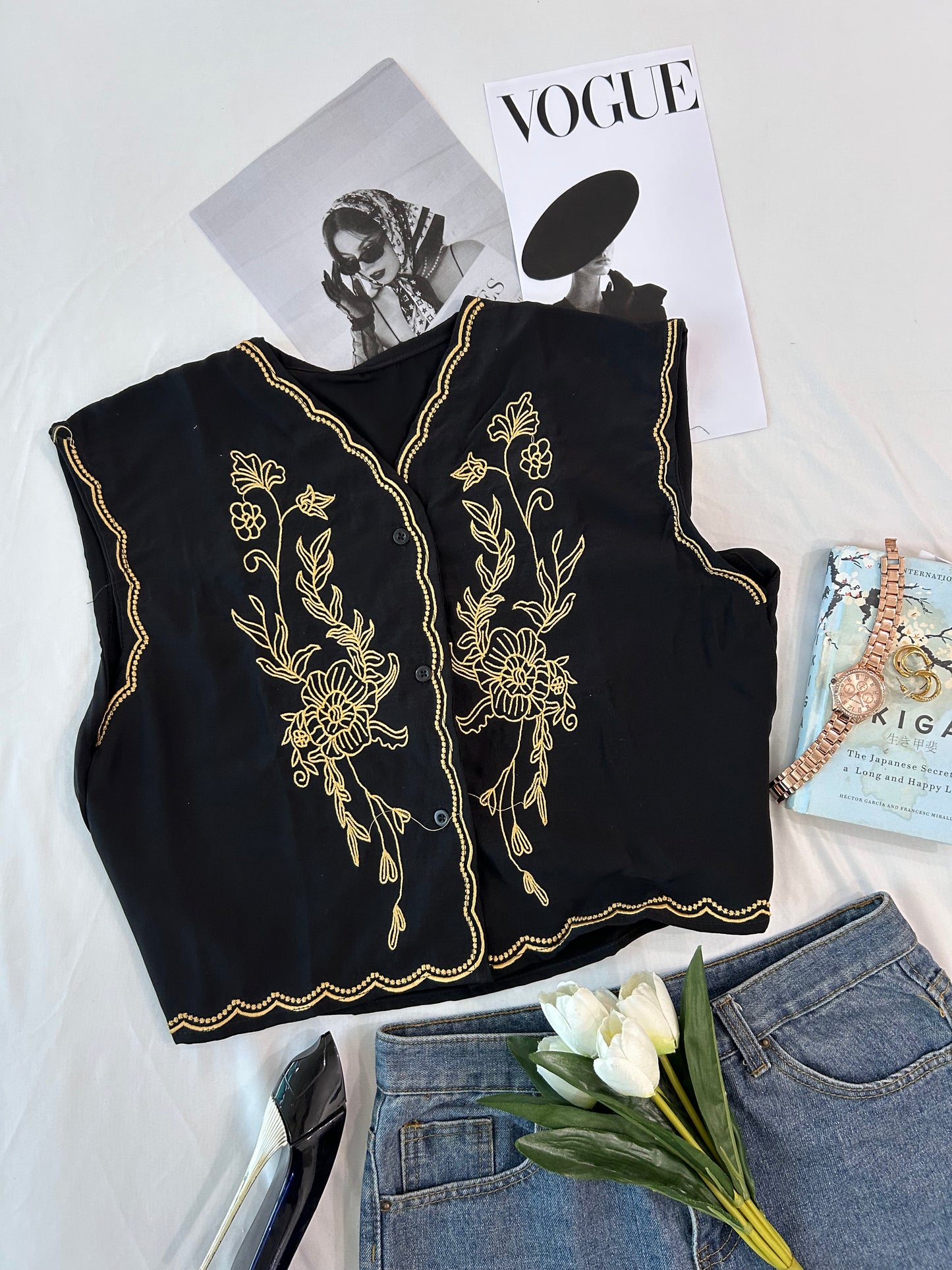 Black embroidered vest