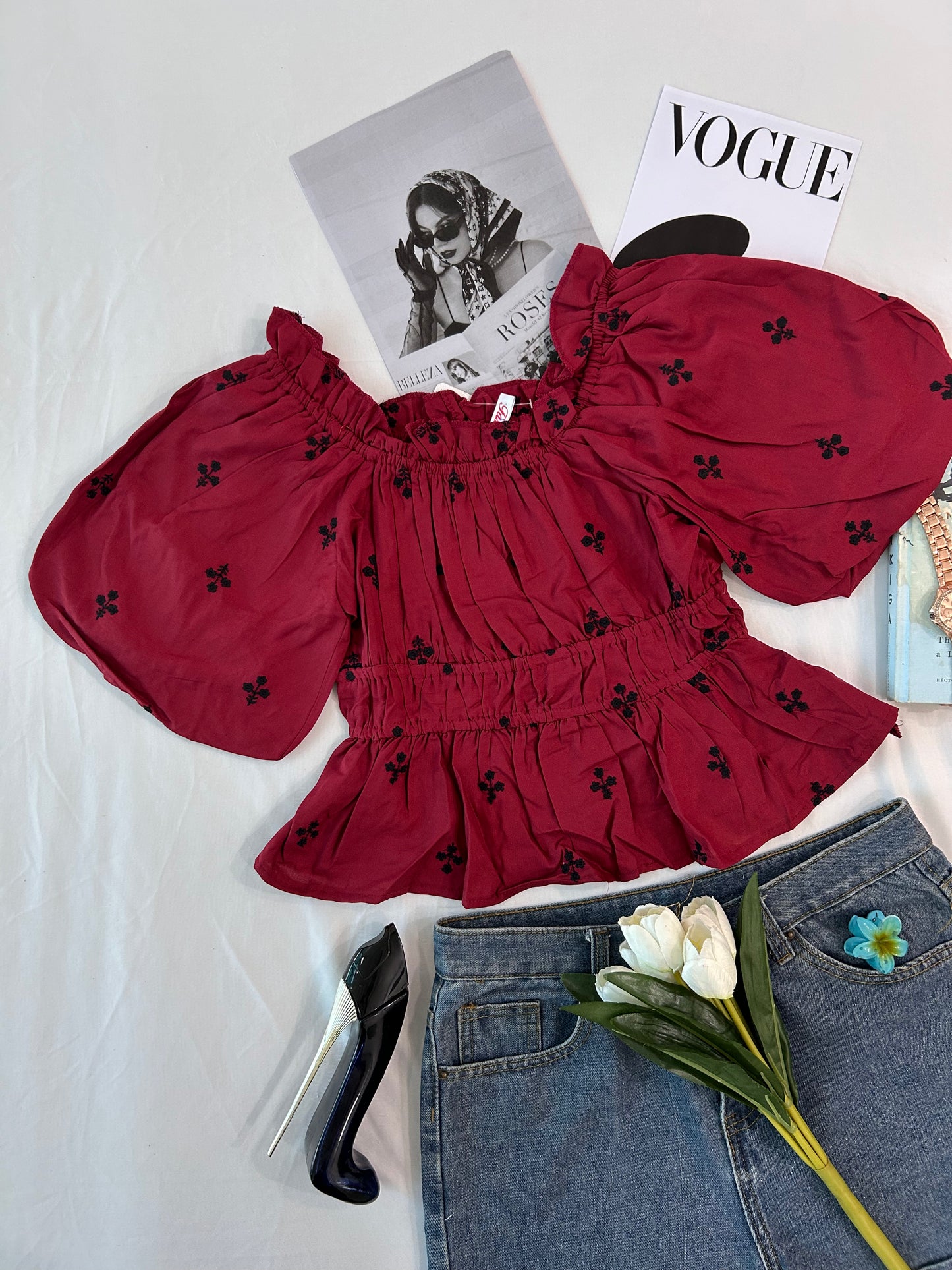 Embroidered top - Maroon rose