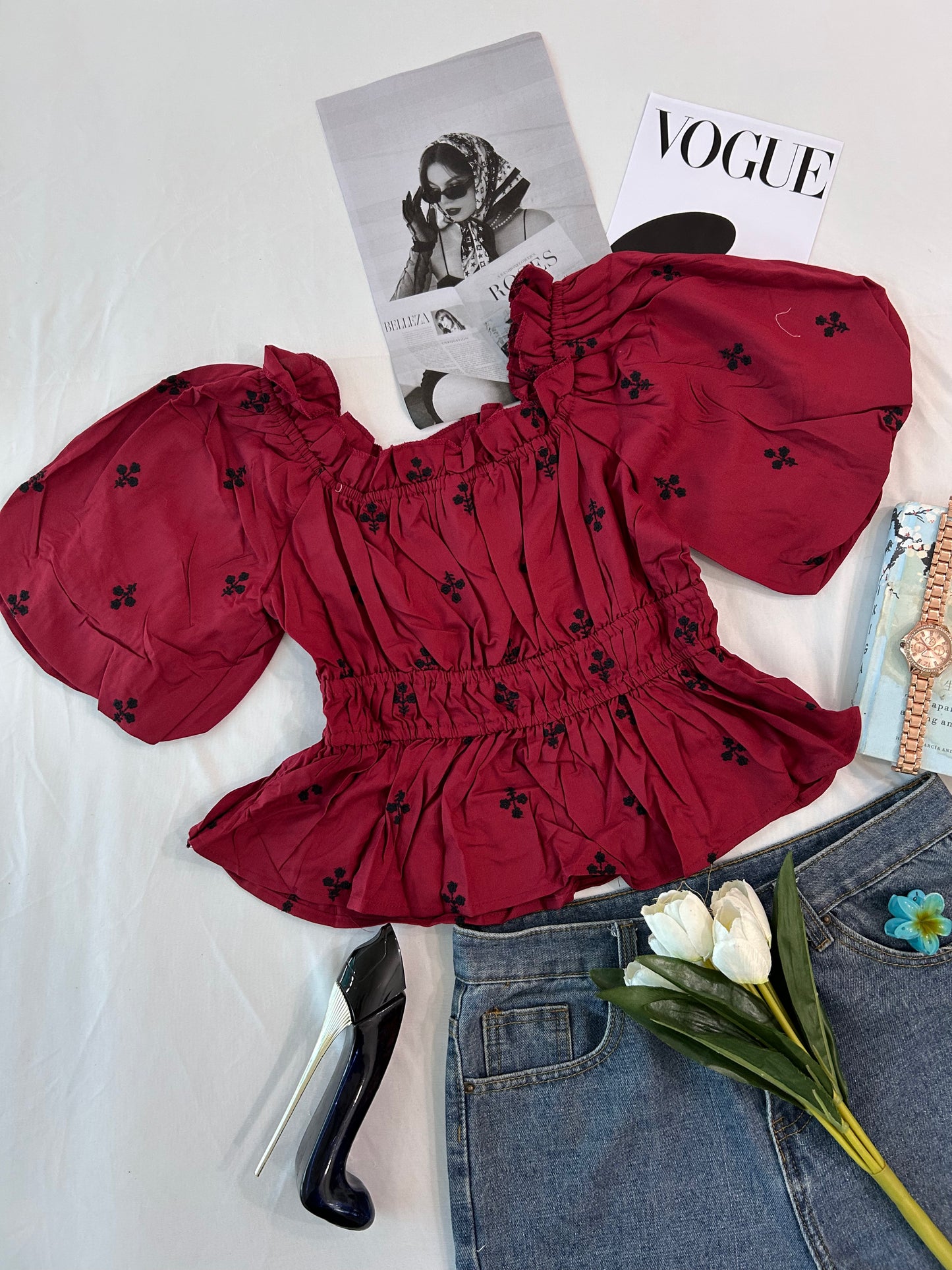 Embroidered top - Maroon rose