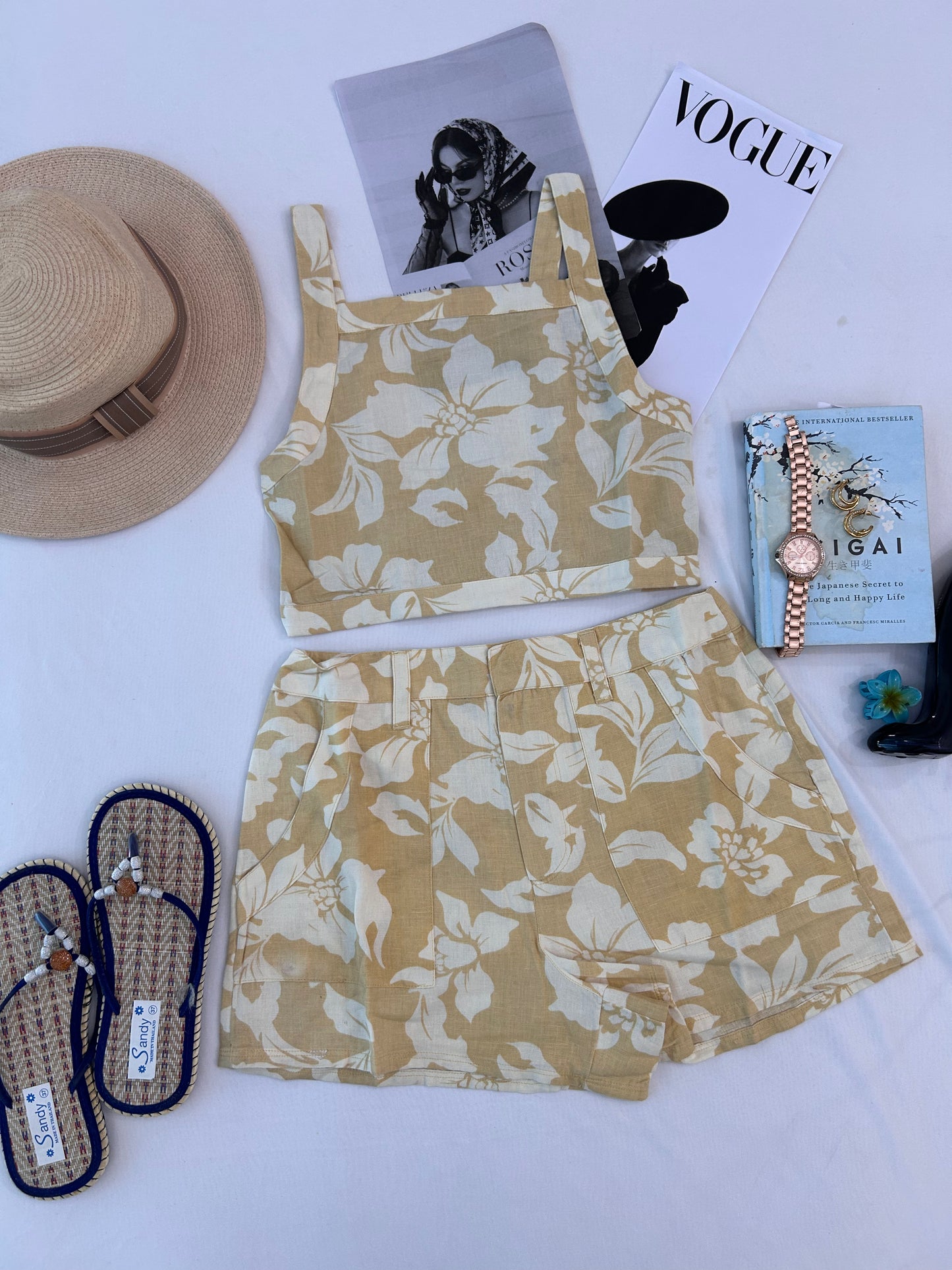 Butter yellow floral shorts set