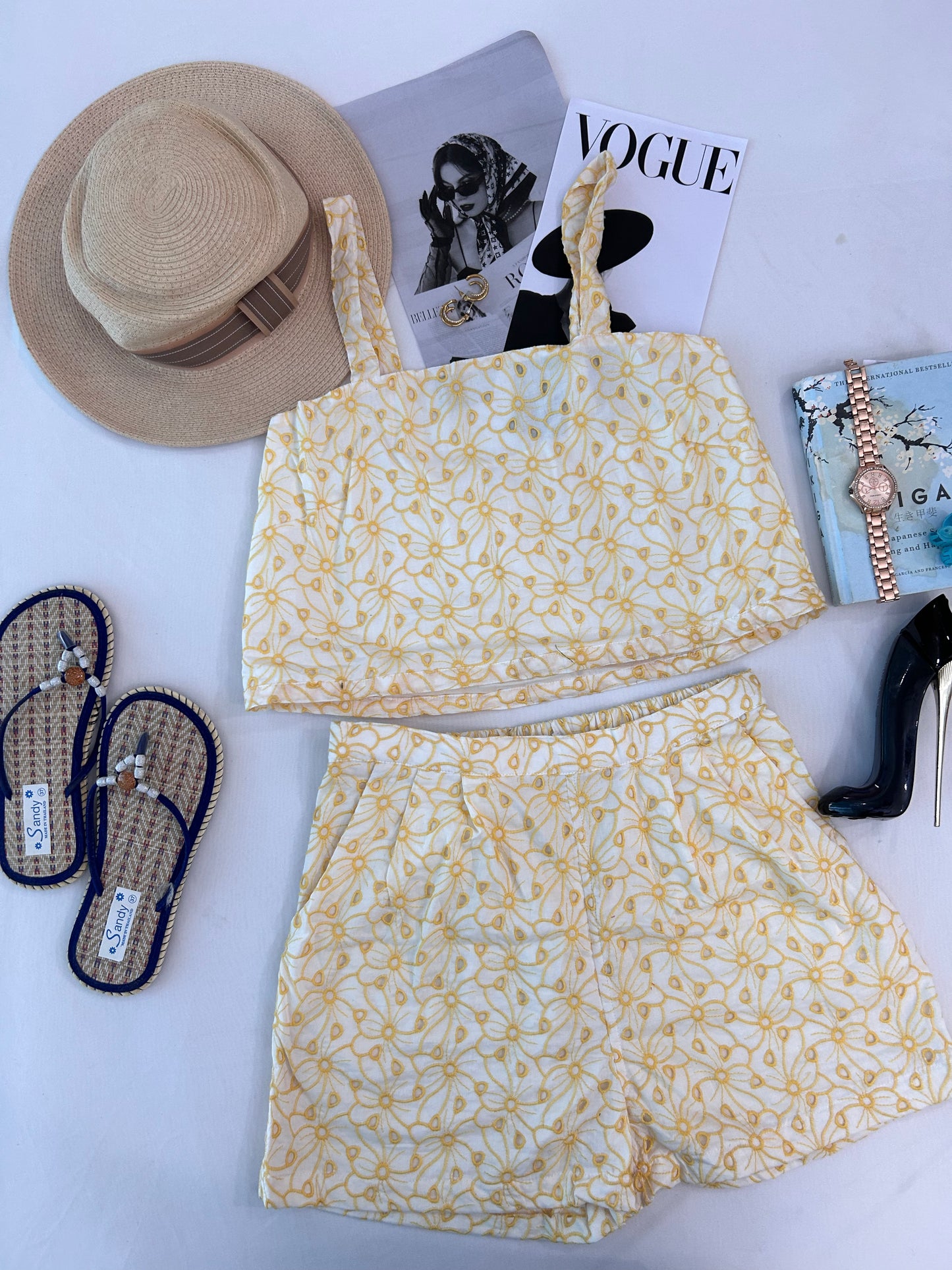 Cute Yellow schifli shorts set