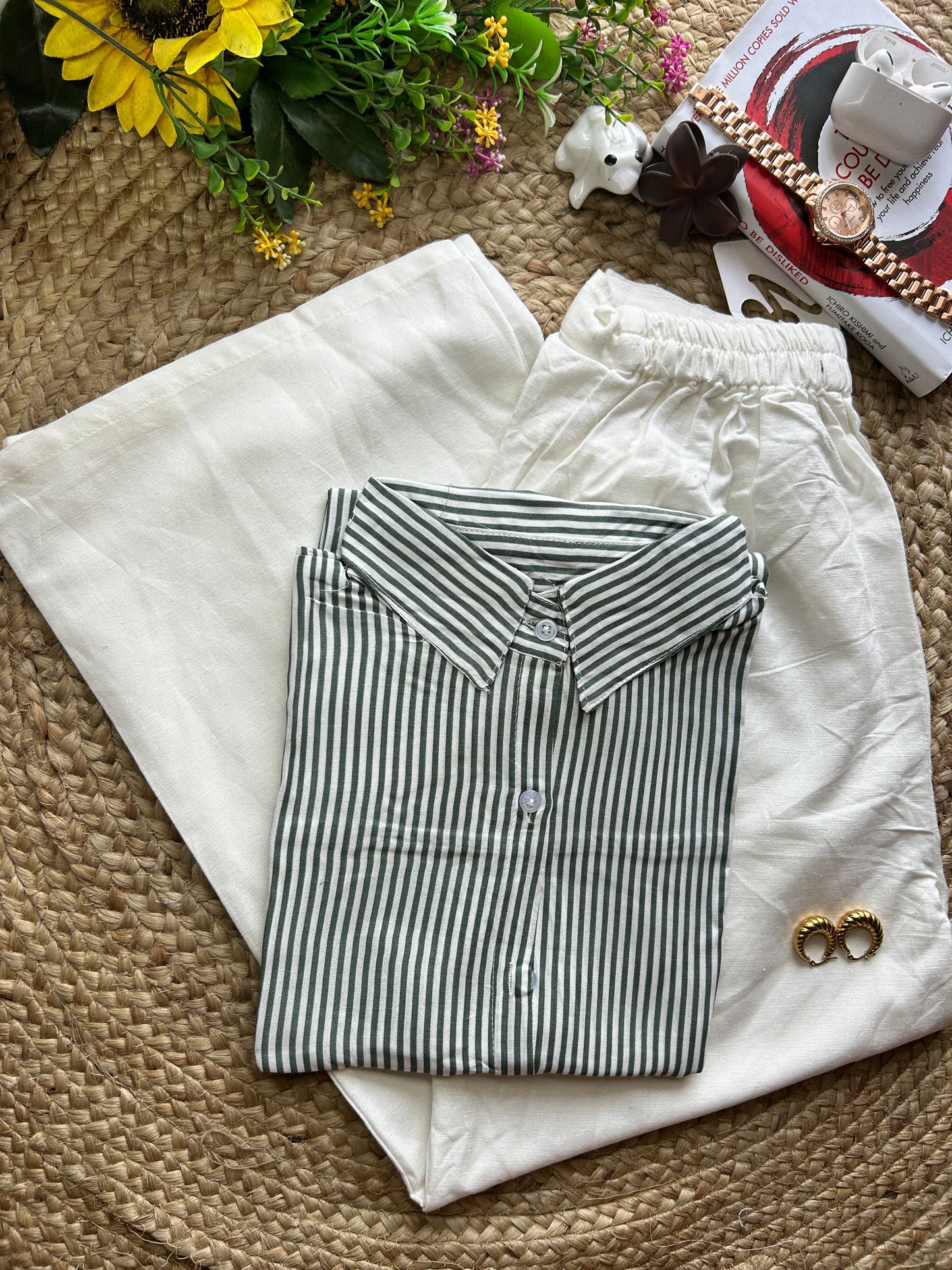 Olive green classic  stripe shirt