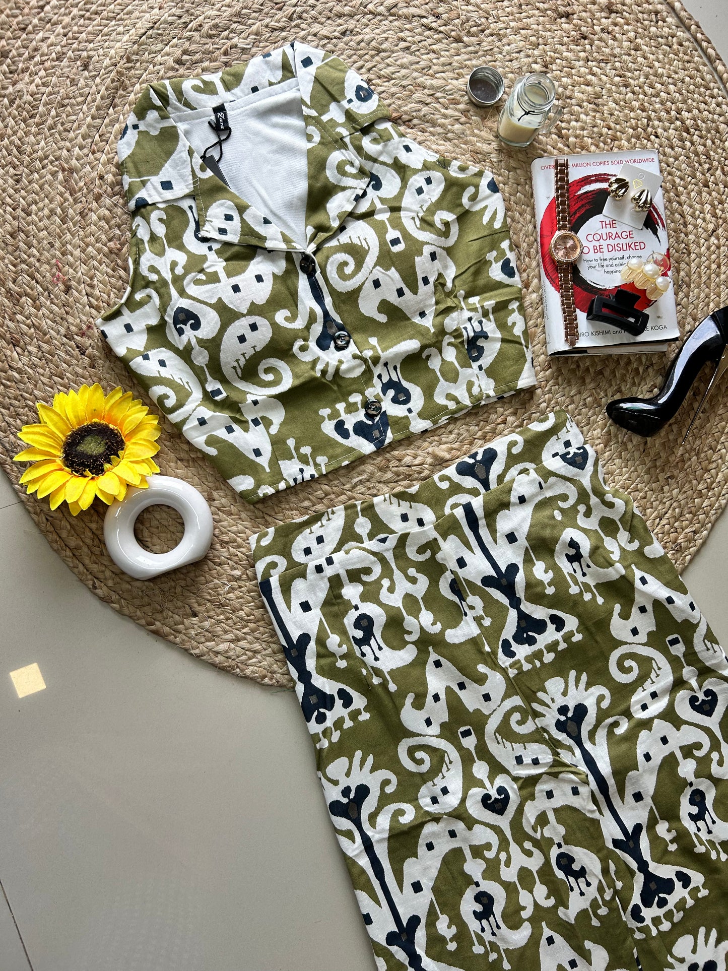 Olive green Abstract printed co-ord set