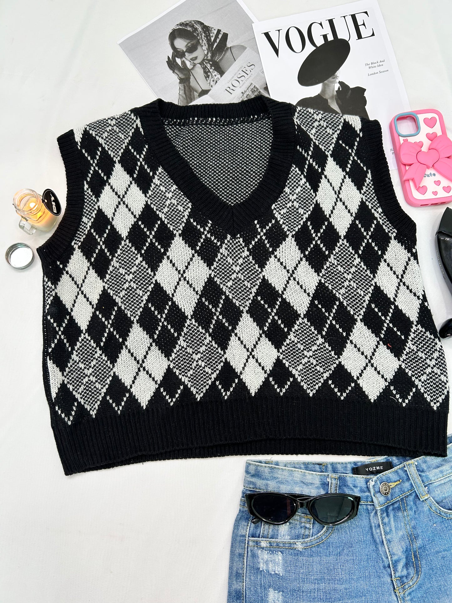 Black white grey checked vests