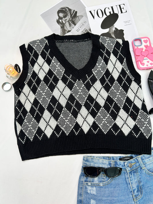 Black white grey checked vests