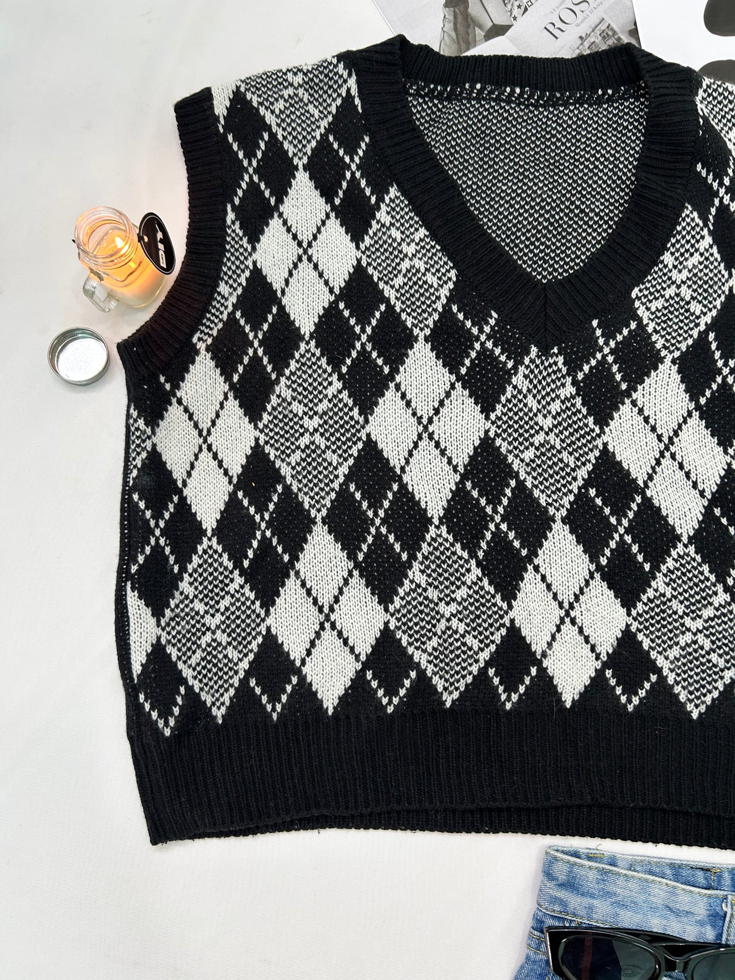 Black white grey checked vests