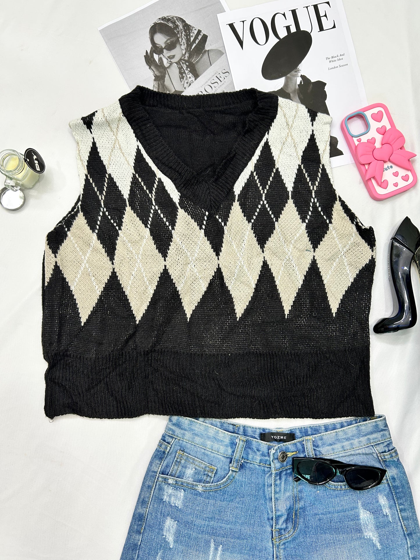 Off white black checked