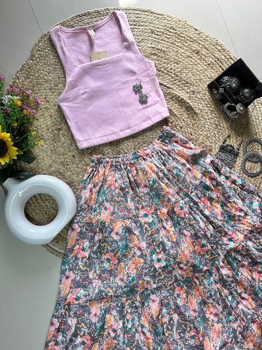 Grey floral printed skirt