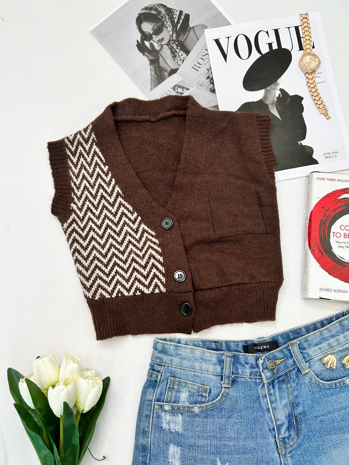 brown crop with buttons