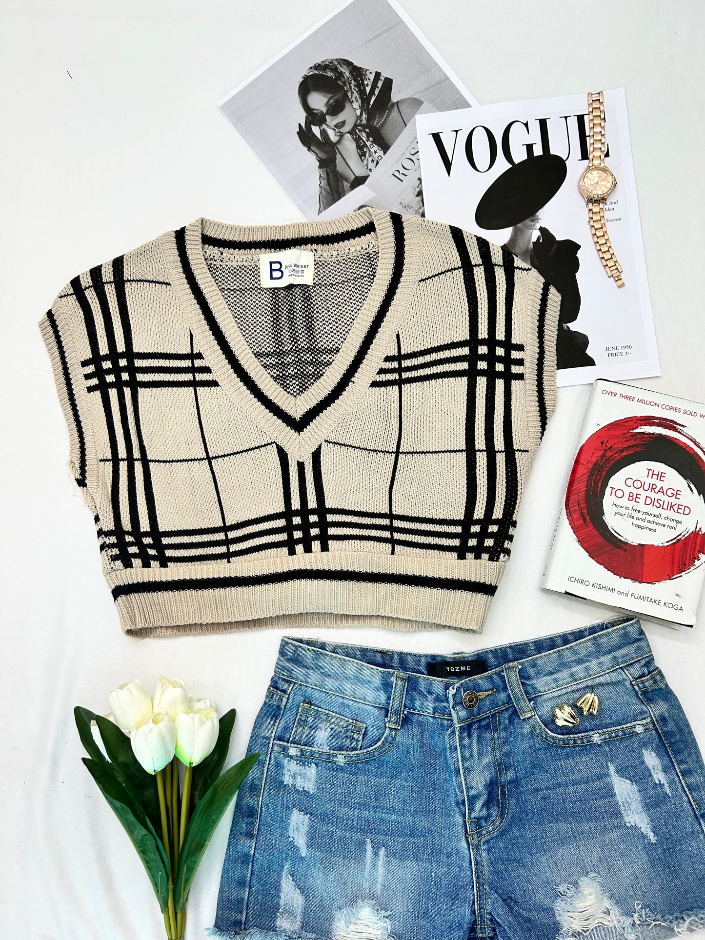 beige  checked  crop