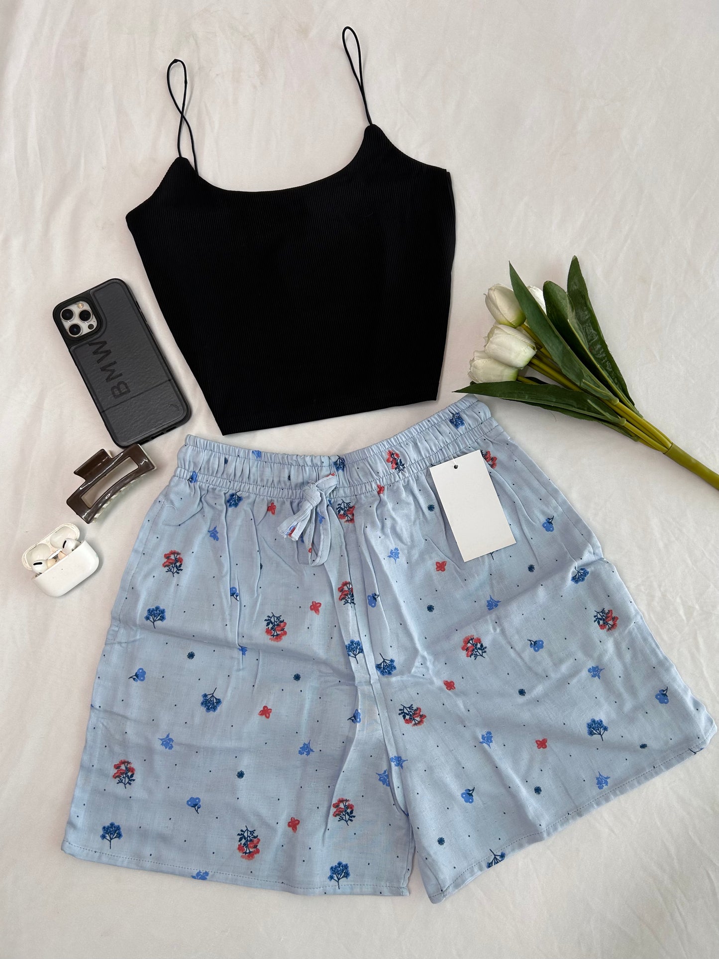 Blue floral printed Mul cotton shorts