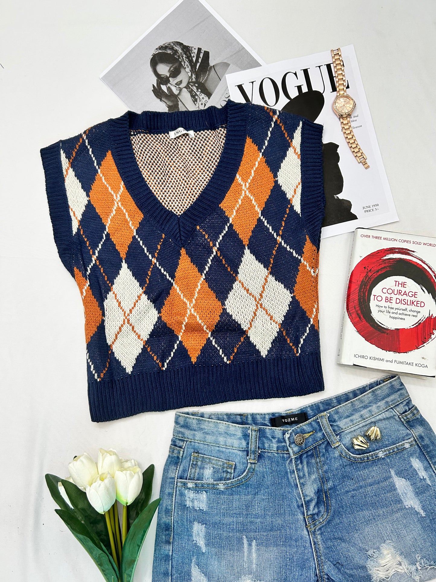 Navy blue checked orange