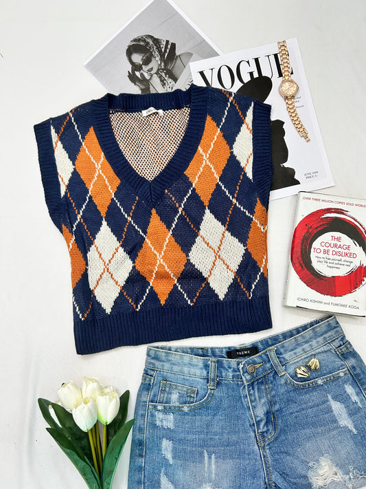 Navy blue checked orange