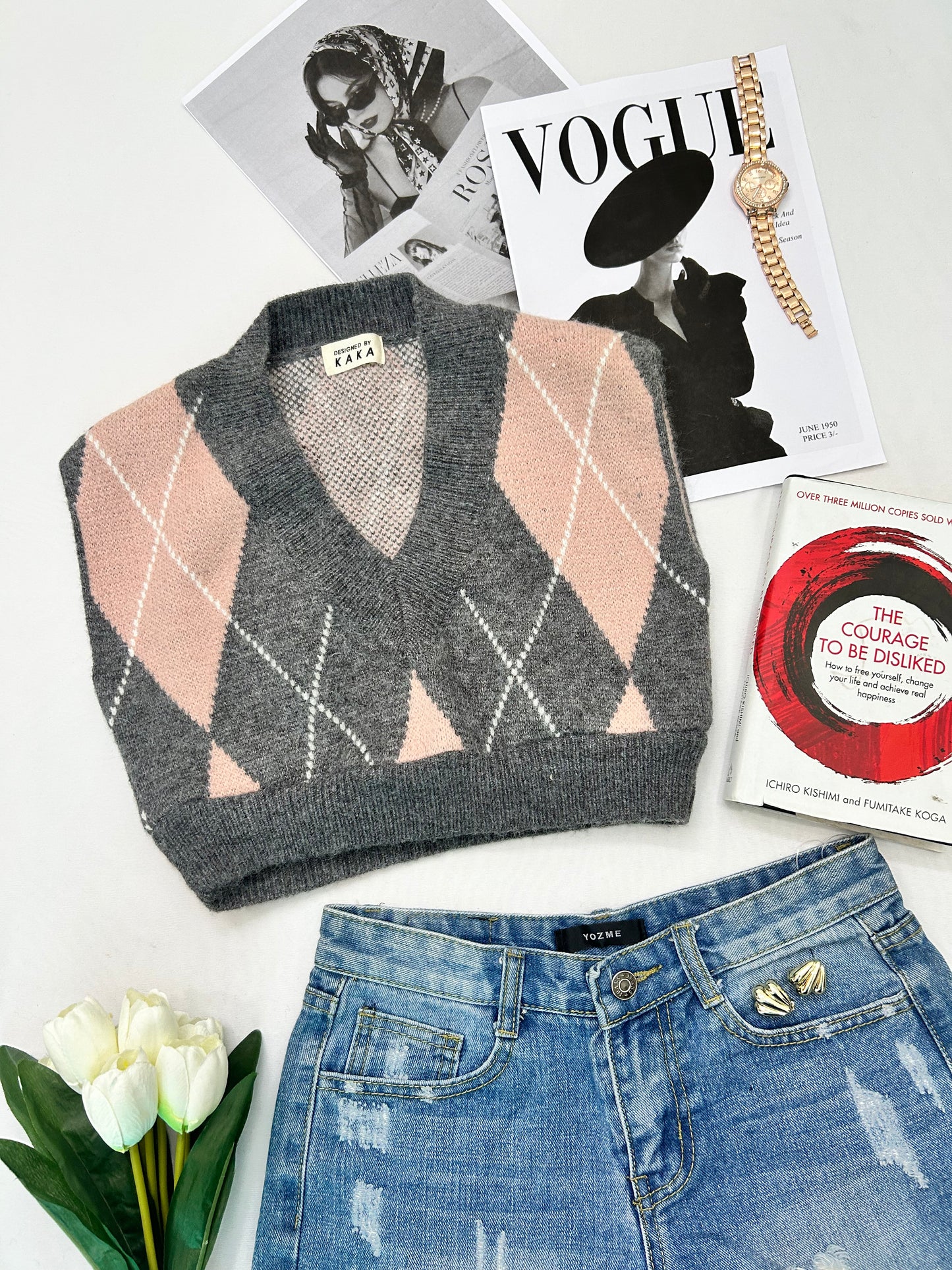 Grey pink crop checked