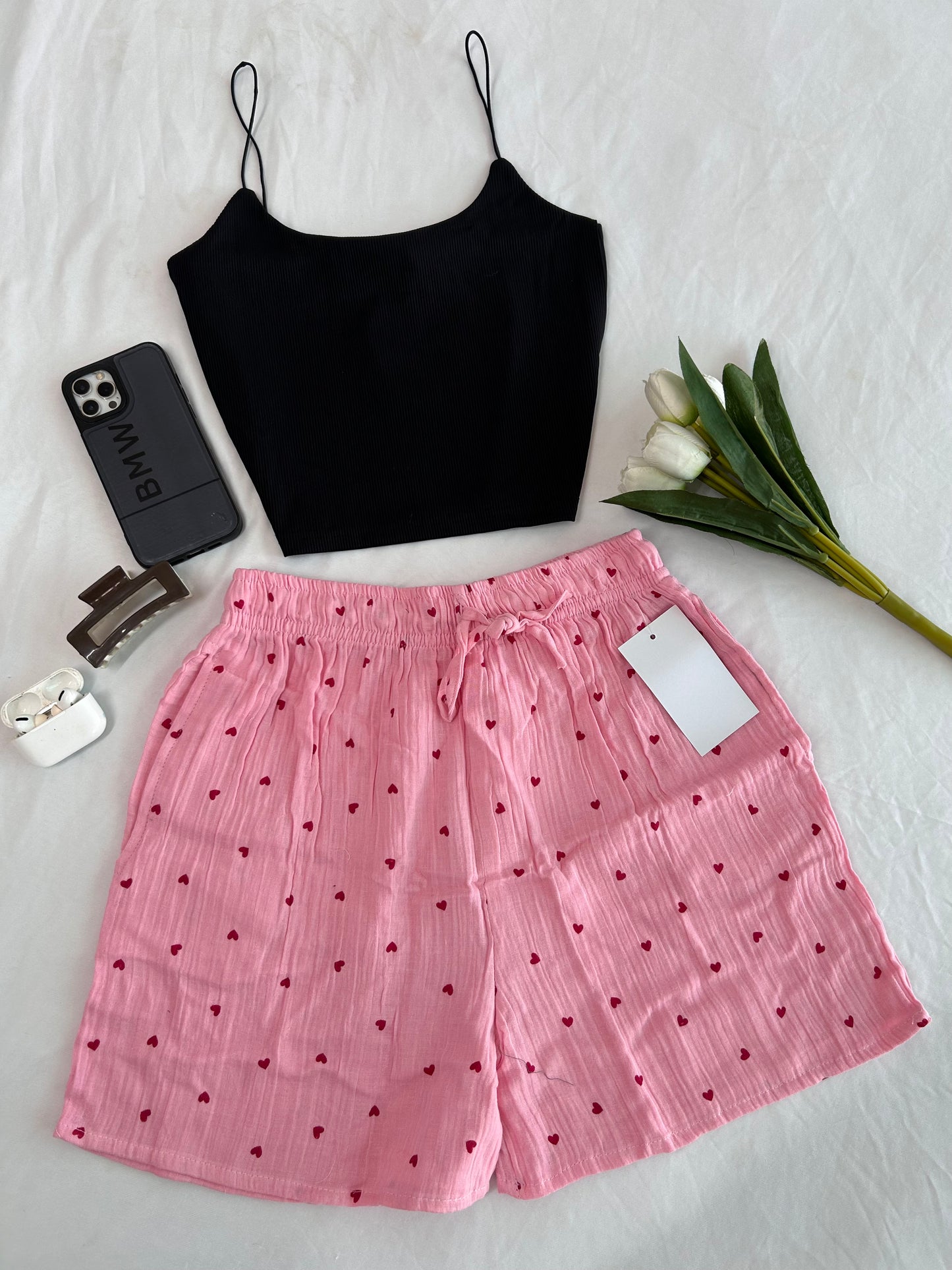 Pink heart printed Mul cotton shorts