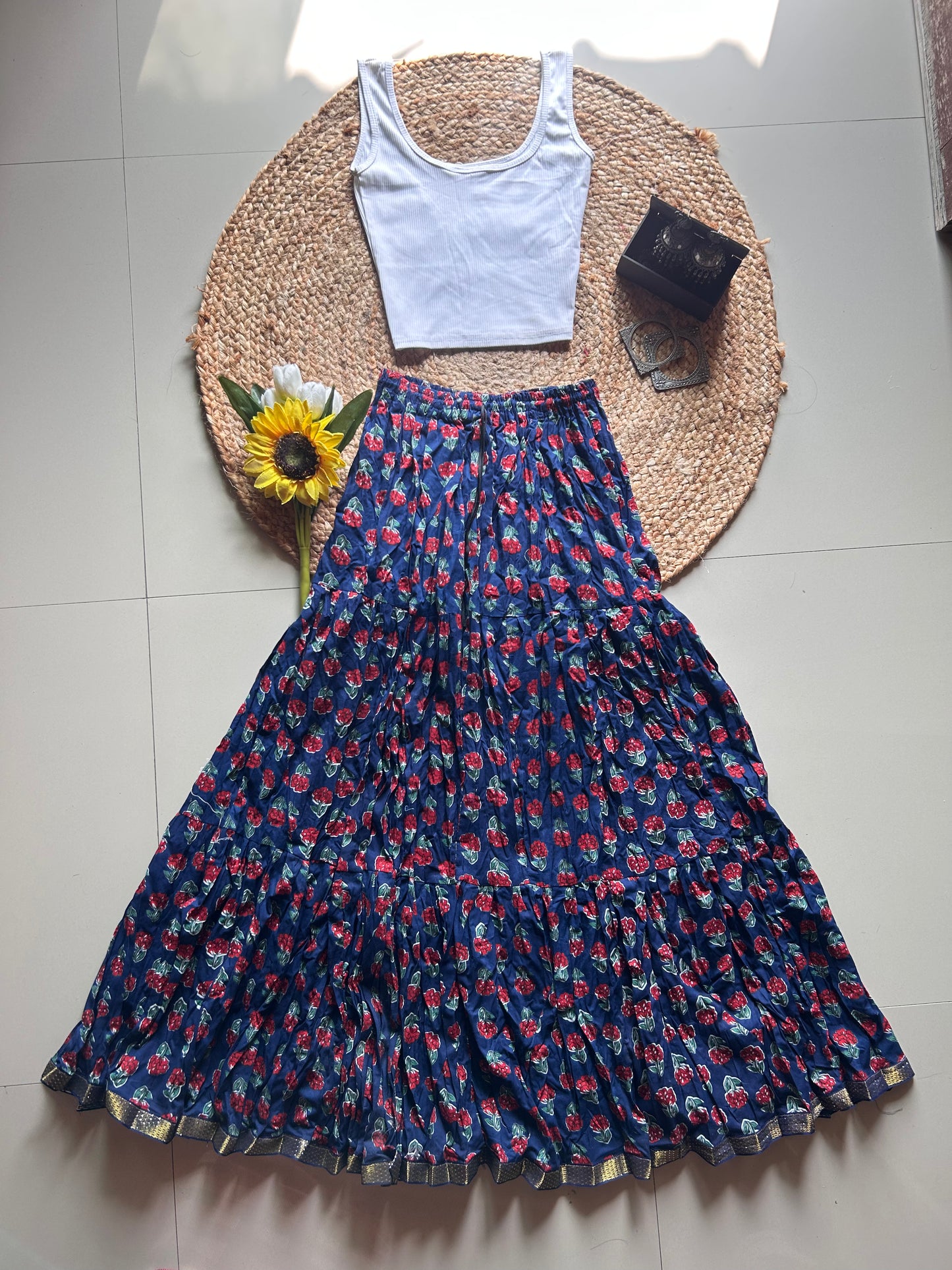 Royal blue floral printed skirt